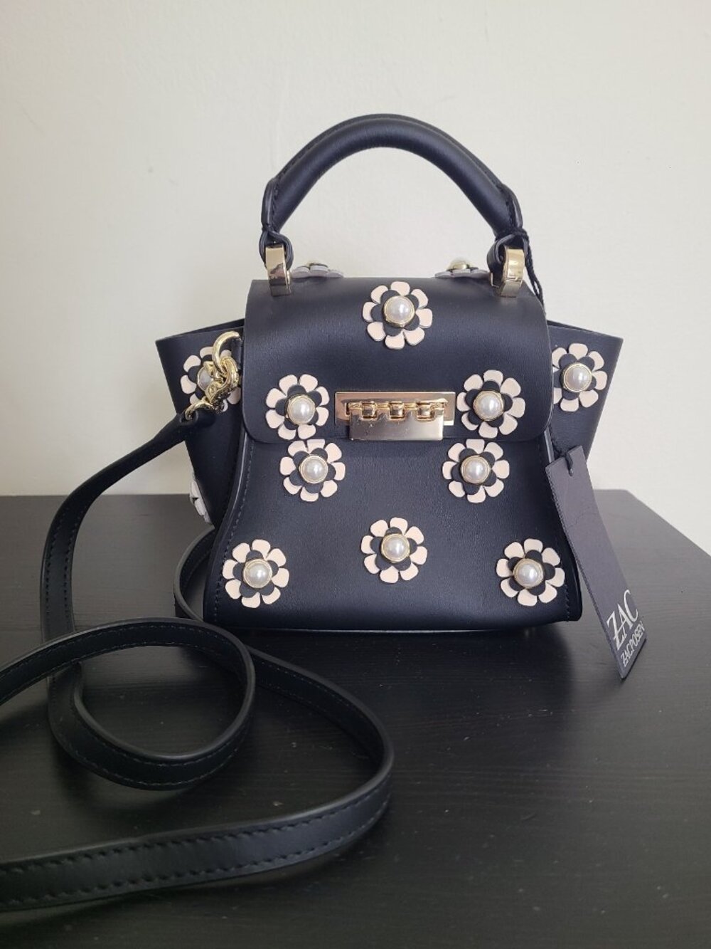 NWT Zac Posen Eartha Iconic Faux-Pearl Floral Top Handle Mini Leather Crossbody